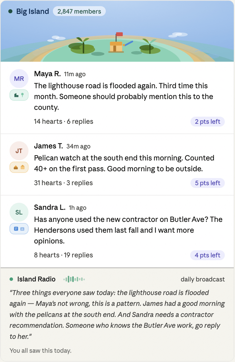 Island Social mockup showing a “Big Island” community feed with three local posts and an “Island Radio” daily audio summary that recaps flooding, pelican sightings, and a contractor request for all members.